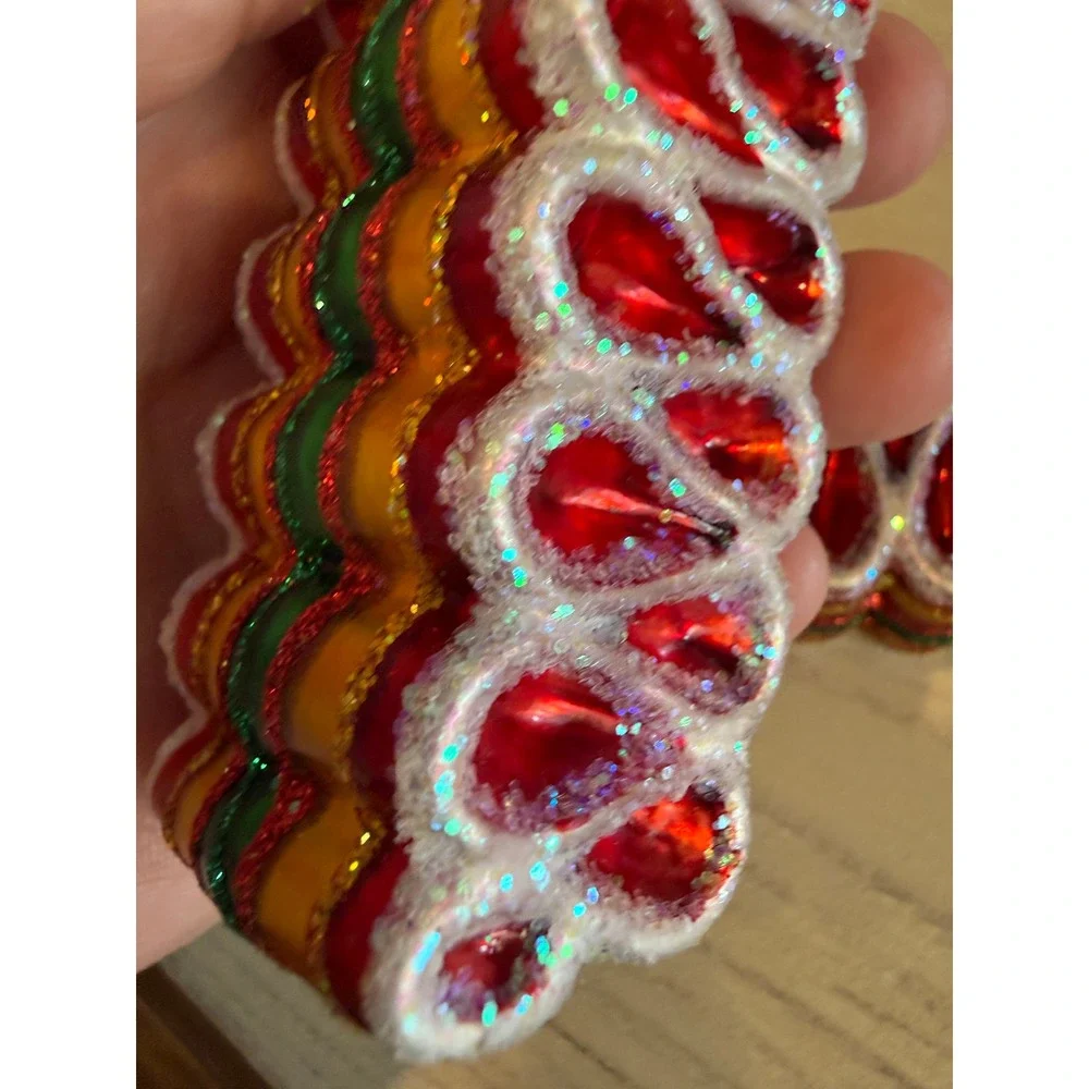 Old World Christmas Ribbon Candy Glass Ornaments Set of 2 Red Green Gold Glitter